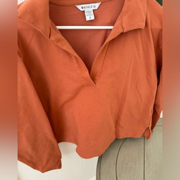 Athleta Orange Cropped Polo Top Small Relaxed Fit Long Sleeve Casual Lightweight - Picture 4 of 4